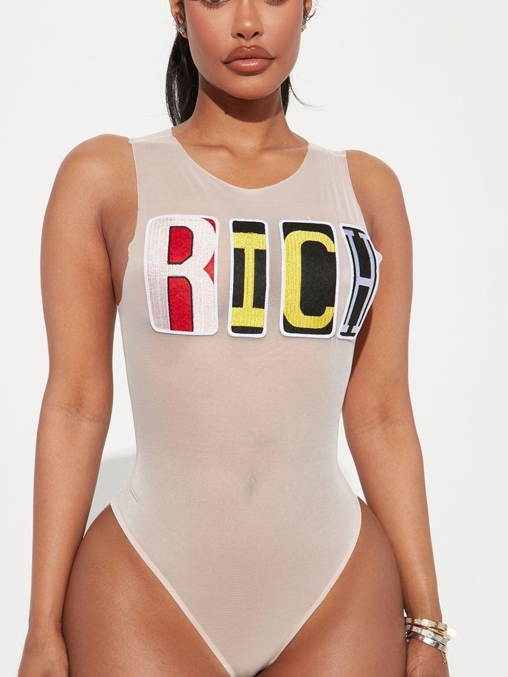 NWT Fashion Nova Clearly Rich Sheer Mesh Bodysuit Nude XL